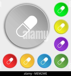 Icône pilule signe. Symbole sur huit boutons plats. Vector illustration Illustration de Vecteur