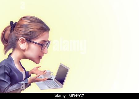 Femme tenant la main et choqué ou surpris de l'humeur, femme d'affaires d'ordinateur portable écran numérique et action excité peinture dessin animé à partir de la photo et 3D Banque D'Images