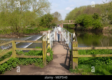 Shave Farm Country Park dans le Leicestershire, Angleterre. Une femme marche sur un pont à travers un barrage avec son chien. Banque D'Images