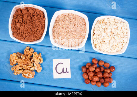 Produits ou ingrédients contenant du cuivre et les fibres alimentaires, les sources naturelles de minéraux, d'une nutrition saine Banque D'Images