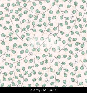 Hand drawn vector seamless floral pattern avec les branches et les feuilles sur le fond beige. Cute décoration printemps avec des plantes et des fleurs de Sakura. Illustration de Vecteur
