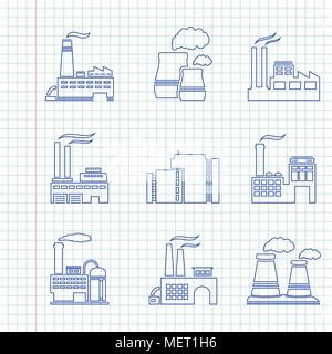 Icônes d'usine sur une feuille de bloc-notes Illustration de Vecteur