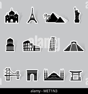 Sites d'autocollants. Bâtiments célèbres silhouettes abstraites Illustration de Vecteur