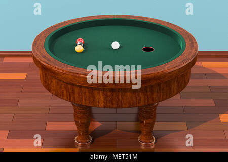 Table de billard elliptique avec des boules dans l'espace sur le plancher en bois, 3D Rendering Banque D'Images