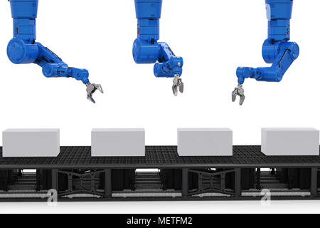 Bras robot de rendu 3D avec des cases sur la ligne du convoyeur en usine Banque D'Images