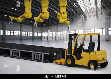 Bras de robot de rendu 3d avec chariot élévateur et convoyeur à bande Banque D'Images