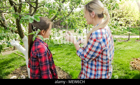 Belle jeune femme l'émondage des arbres avec sa fille dans la région de orchard Banque D'Images