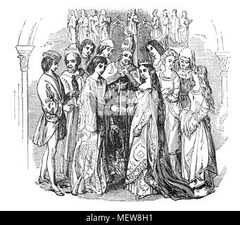 Le mariage de Henri VI (1421 – 1471), roi d'Angleterre, à Margaret d'Anjou (1430 – 1482) en 1445. En tant que reine d'Angleterre, elle a été l'une des principales figures de la série de guerres civiles dynastiques connues sous le nom de guerres des Roses et a parfois personnellement dirigé la faction Lancastrine. En raison des épisodes fréquents de folie de son mari, Margaret a dirigé le royaume à sa place. Banque D'Images