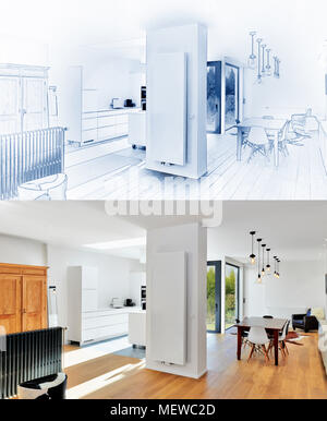 Blue Print d'un luxe moderne salle de séjour et cuisine et résultat après Banque D'Images