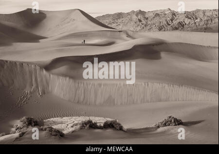 Les randonneurs ont été randonnées sur la télévision Mesquite Sand Dunes in Death Valley National Park, California, United States. Libre de droit a été présenté en sépia. Banque D'Images