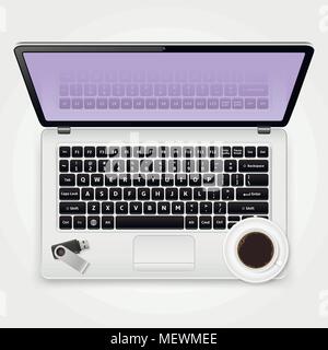 Lecteur flash USB et tasse de café debout sur l'ordinateur portable. Travail à domicile concept. Vector illustration. Illustration de Vecteur
