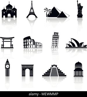 Sites touristiques du monde d'icônes. Bâtiments célèbres silhouettes abstraites. Vector icons avec réflexion. Illustration de Vecteur