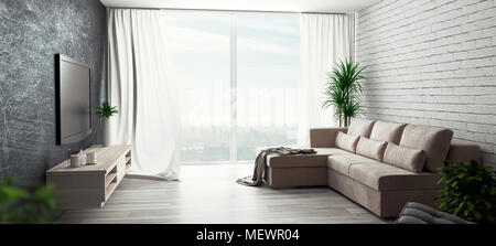 Salon avec canapé et de grandes fenêtres, illustration 3D render Banque D'Images