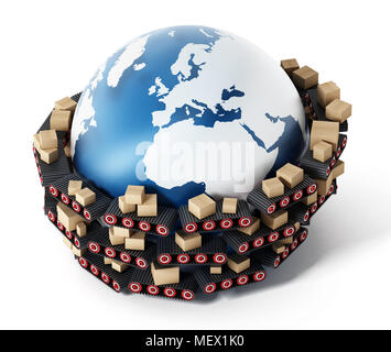 Courroies de transport le transfert de boîtes de carton autour de la terre. 3D illustration. Banque D'Images