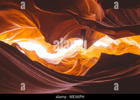 Belle vue sur des formations de grès étonnantes illuminée en golden morning light dans célèbre Antelope Canyon, Page, Arizona, sud-ouest américain, USA Banque D'Images