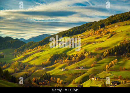 Belle vue sur le paysage de montagne idyllique avec green meadows dans les Dolomites dans la belle lumière du soir au coucher du soleil d'or, Val di Funes, le Tyrol du Sud Banque D'Images