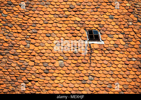 Toit avec queue de castor historique tuiles dans Büdingen, Hesse, Germany, Europe Banque D'Images