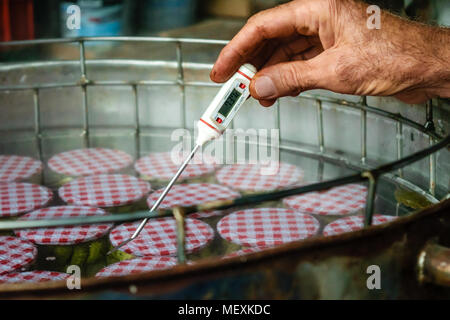 Un homme vérifie la température de pasteurisation, pots de verre dans la machine de pasteurisation Banque D'Images