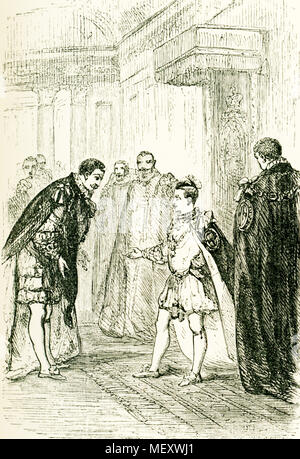 La légende sur cette illustration qui date d'environ 1865 lit' Edward entré dans la chambre présence, 'My lords,' dit-il, "Je prie pour vous-mêmes de ce que saint George, est-ce que nous l'honneur de lui ?' Édouard VI était le fils de Henri VIII et de Jane Seymour et régna de 1847 à sa mort en 1853. Banque D'Images
