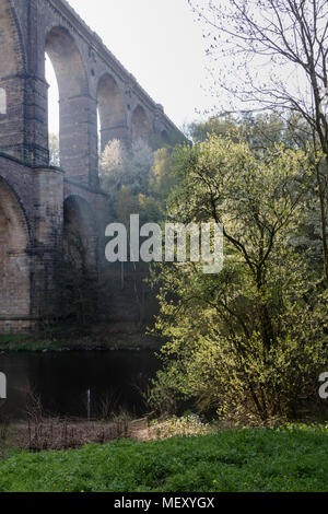 Faisceau de lumière solaire par Viaduc Goehren vue latérale, pont au-dessus de la rivière Zwickauer Mulde à Rochlitz, Saxe, Allemagne, Europe Banque D'Images