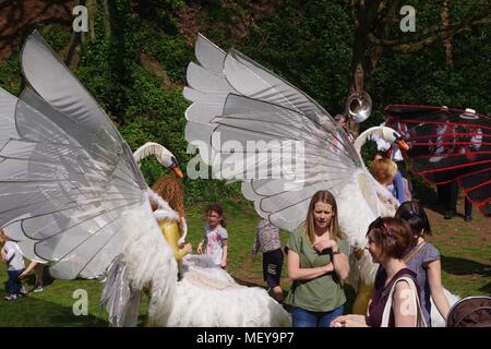 Swan cinématique Procession Marionnette à Rougemont pour jardins du ramm Carnaval des Animaux anniversaire. Exeter, Devon, UK. Avril, 2018. Banque D'Images