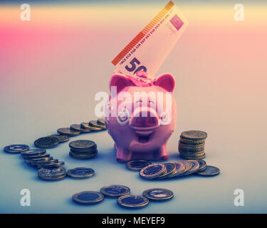 Tirelire autour de pièces en euros et d'une cinquante d'euros loi Banque D'Images