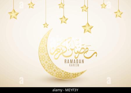 Bannière sur le Ramadan Kareem. Lune d'or. 3d géométrique islamique ornement. Style arabe. Calligraphie dessiné à la main. Mois Sacré de la religion. 3d Gold stars hang. L'Aïd Illustration de Vecteur