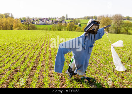 Un épouvantail planté au milieu des sillons d'un champ ensemencé récemment dans la campagne française avec les maisons d'un village de l'arrière-plan. Banque D'Images