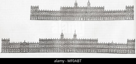 Inigo Jones' 1638 Plan d'un nouveau palais de Whitehall, Westminster, en Angleterre. Haut, l'avant vers le parc, en bas, l'avant en direction de Charing Cross. À partir de la vieille Angleterre : A Pictorial Museum, publié 1847. Banque D'Images