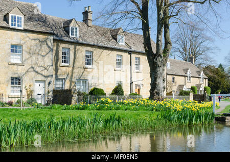 Rangée de jolis cottages sur la rive de la rivière Eye dans le joli village de Cotswold de Lower Slaughter dans le Gloucestershire, Royaume-Uni Banque D'Images