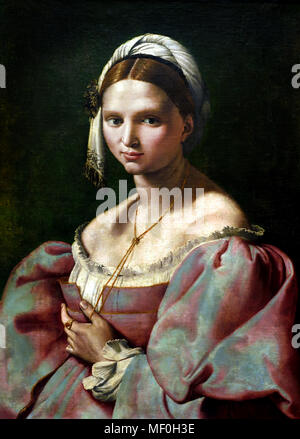 Portrait d'une jeune femme par Giuliano Bugiardini 1475 -1555 ) peintre italien, fin-Renaissance connu sous le nom de maniérisme. Florence ( Portrait d'une jeune femme qui est morte à l'Velata del Raffaello et marquée par la présence d'un lacet attachés par le cou et l'épreuve par le pouce de la main gauche ) Italien - Italie. Banque D'Images