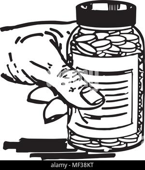 La main avec bouteille de pilules - Retro Clipart Illustration Illustration de Vecteur
