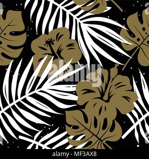 Modèle transparent avec des feuilles de palmiers tropicaux et de fleurs exotiques. Hand drawn vector background. Papier peint à fleurs à la mode Illustration de Vecteur