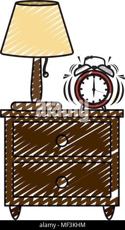 Doodle lampe et alarme horloge dans la table de chevet en bois vector illustration Illustration de Vecteur