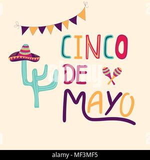 Bannière ou carte pour célébration de Cinco de Mayo. Maison de vacances poster avec lettrage calligraphie dessiné à la main, sombrero, cactus, chili, la tequila et les maracas. Vec Illustration de Vecteur