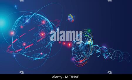 L'orbite des satellites dans l'espace terre. L'antenne de radio numérique par satellite de radiodiffusion ou de télévision par satellite signal. Résumé arrière-plan technique. Fu Illustration de Vecteur