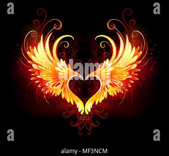 Angel fire heart avec des ailes sur fond noir. Illustration de Vecteur