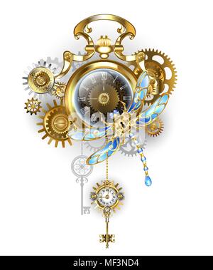 Meubles anciens, montre en or avec dark Steampunk horloge mécanique avec libellule, laiton et d'or sur fond blanc. Style Steampunk. Illustration de Vecteur