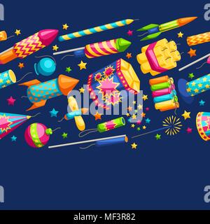 Motif transparent coloré avec Fireworks. Différents types de pièces pyrotechniques, salue et pétards Illustration de Vecteur