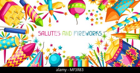 Bannière avec artifice coloré. Différents types de pièces pyrotechniques, salue et pétards Illustration de Vecteur