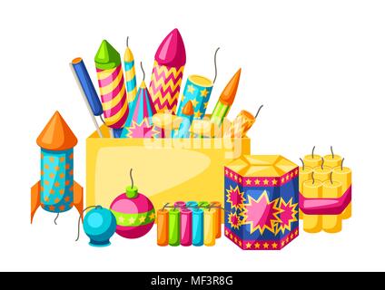 Avec l'arrière-plan d'artifice coloré. Différents types de pièces pyrotechniques, salue et pétards Illustration de Vecteur