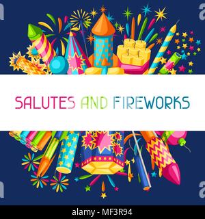 Avec l'arrière-plan d'artifice coloré. Différents types de pièces pyrotechniques, salue et pétards Illustration de Vecteur