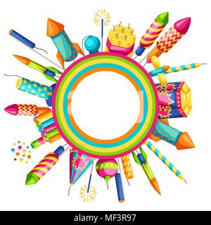 Avec l'arrière-plan d'artifice coloré. Différents types de pièces pyrotechniques, salue et pétards Illustration de Vecteur