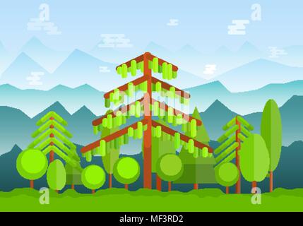 Paysage de forêt verte avec des montagnes brumeuses sur arrière-plan. Télévision nature toile Illustration de Vecteur