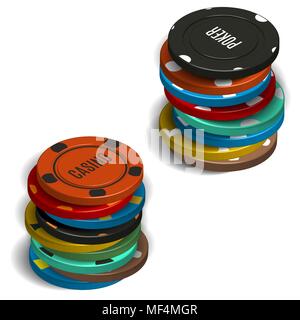 Divers pile de jetons de casino, isolé sur fond blanc. 3D isométrique, style vector illustration. Illustration de Vecteur