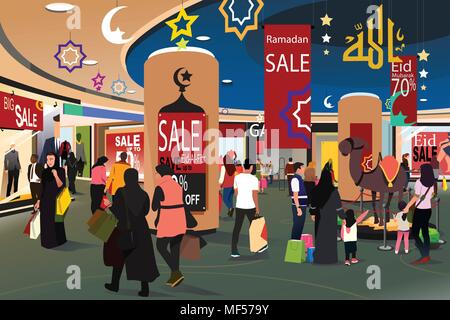 Un vecteur illustration de peuple musulman Shopping pendant le Ramadan Eid-Al-Fitr Vente Illustration de Vecteur