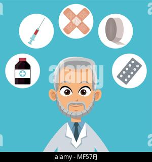 Médecin cartoon avec symboles médicaux Illustration de Vecteur