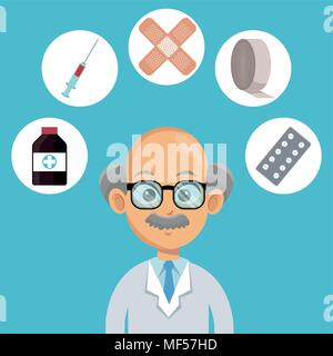 Médecin cartoon avec symboles médicaux Illustration de Vecteur