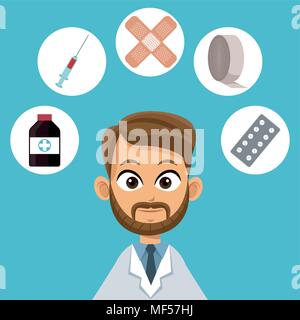 Médecin cartoon avec symboles médicaux Illustration de Vecteur