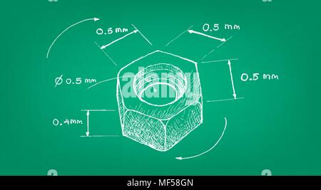 La fabrication et de l'industrie, de l'illustration croquis à main Dimension de l'écrou de la vis. Un type de Fixation avec trou fileté utilisé conjointement avec Illustration de Vecteur